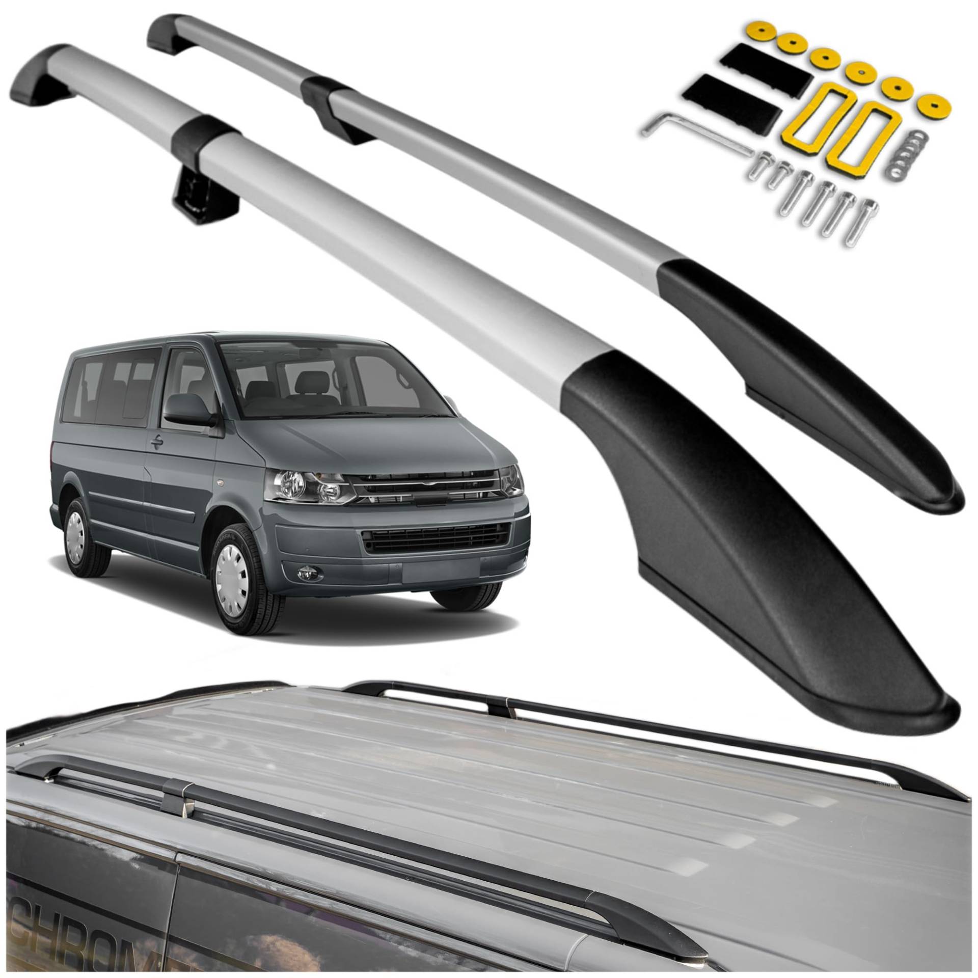 CHROMEMASTER Dachreling Dachträger Kompatibel mit VW T5 Multivan Short 2003-2015 | Zur Befestigung der Dachgepäckträger, Dachboxen oder Dachfahrradträger | Robuste Konstruktion aus Alu von CHROMEMASTER