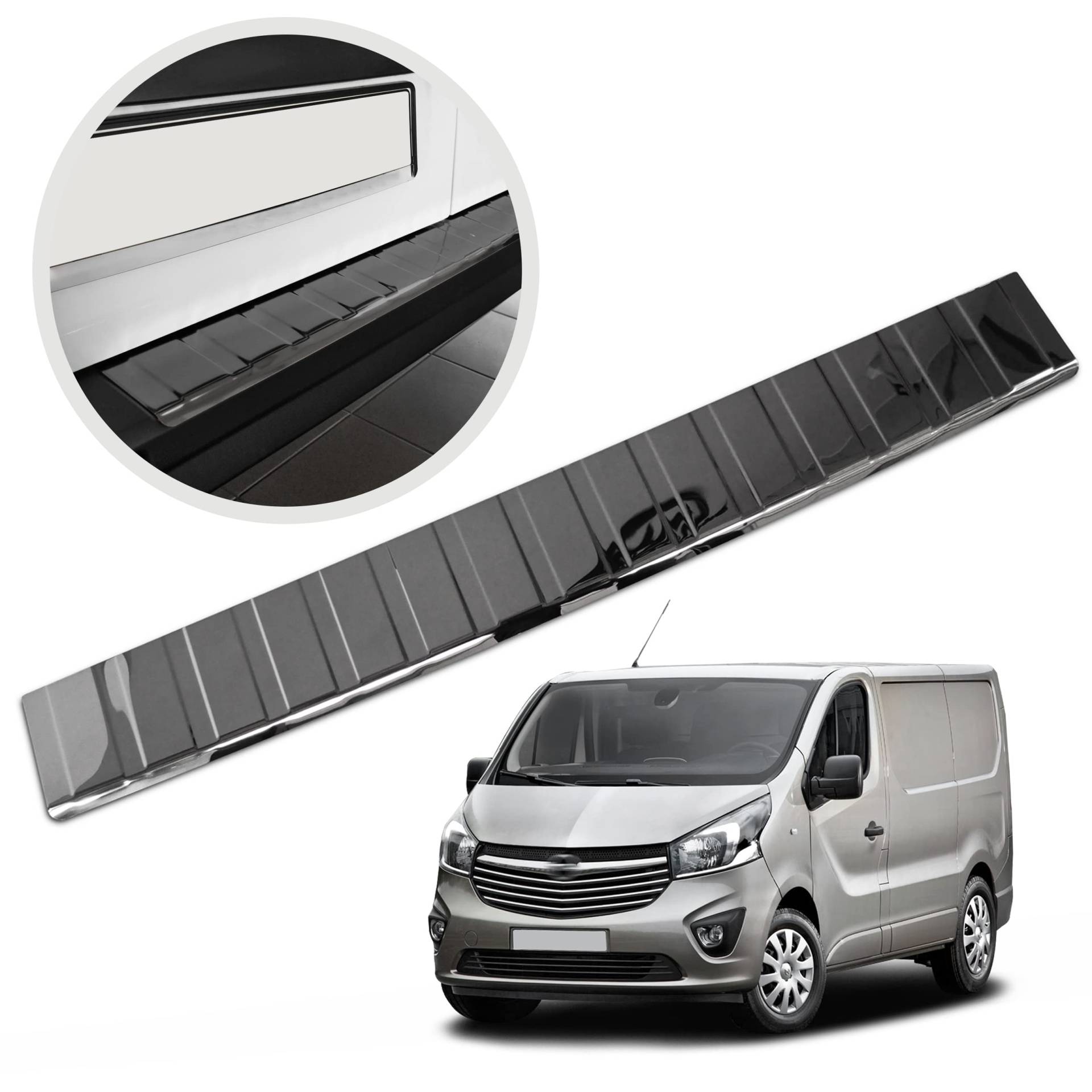 CHROMEMASTER | Ladekantenschutz Stoßstangenschutz | Kompatibel mit Opel Vivaro 2014-2019; Polierter Edelstahl, Dunkelchrom; Unsere Lackschutzleiste Sichert den Heckstoßfänger vor Kratzern von CHROMEMASTER