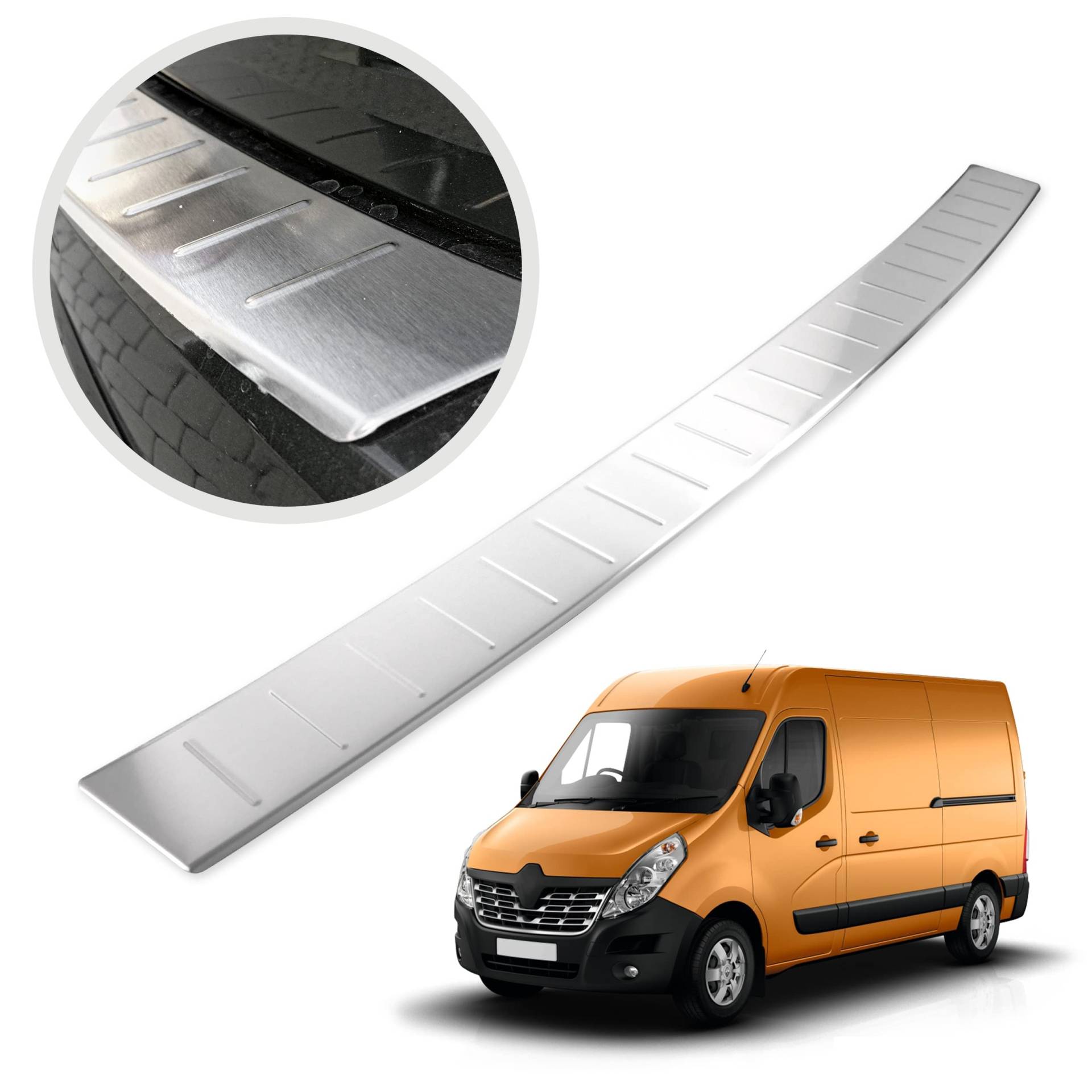 CHROMEMASTER | Ladekantenschutz Stoßstangenschutz | Kompatibel mit Renault Master 2010- ; Gebürsteter Edelstahl, Silber Matt; Unsere Lackschutzleiste Sichert den Heckstoßfänger vor Kratzern von CHROMEMASTER