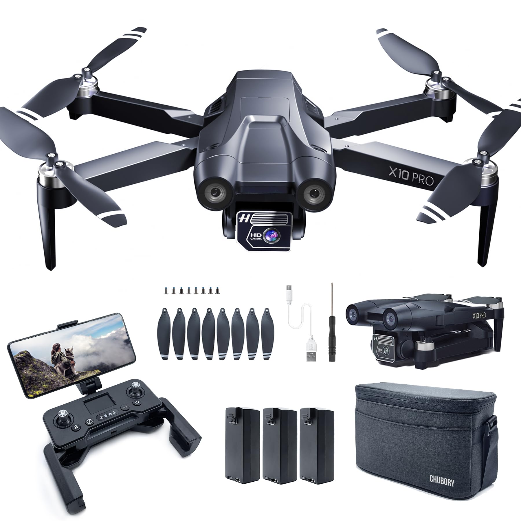 CHUBORY X10 PRO GPS-Drohne mit Kamera für Erwachsene 4K UHD, 90 Minuten Flugzeit, 1000 Meter Steuerreichweite, automatische Rückkehr, Folge-Modus, bürstenloser Motor, 5G RC-Quadcopter für Anfänger von CHUBORY