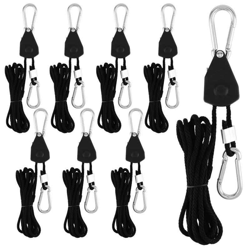 CHUENHEI 8 Stück 4mm Schnurlänge 2,4m Seilratsche mit Haken Ratsche Rope Seilratsche Licht Ratchet Seil Aufhänger Rope Ratchet für Pflanzenlampe, Wachsen Licht Ratchet Seil von CHUENHEI