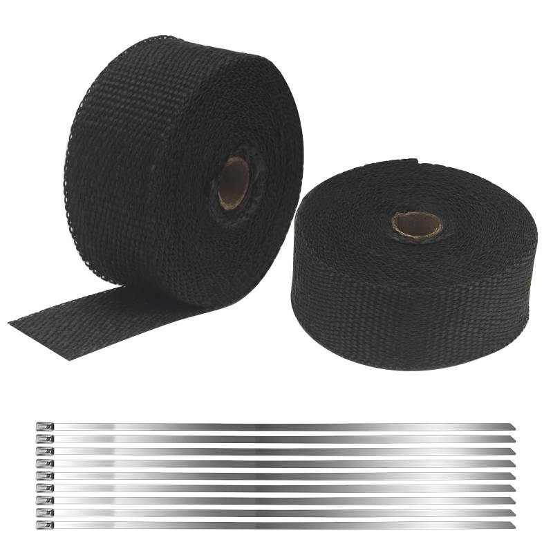 CHUIFAI 2 Rolle Schwarz Auspuffband 10m x 50mm, Auspuff Hitzeschutzband mit 20 Kabelbinder Edelstahl, Hitzeschutzband Basaltfaser Auspuffband für Motorrad Fächerkrümmer Thermoband Krümmerband von CHUIFAI