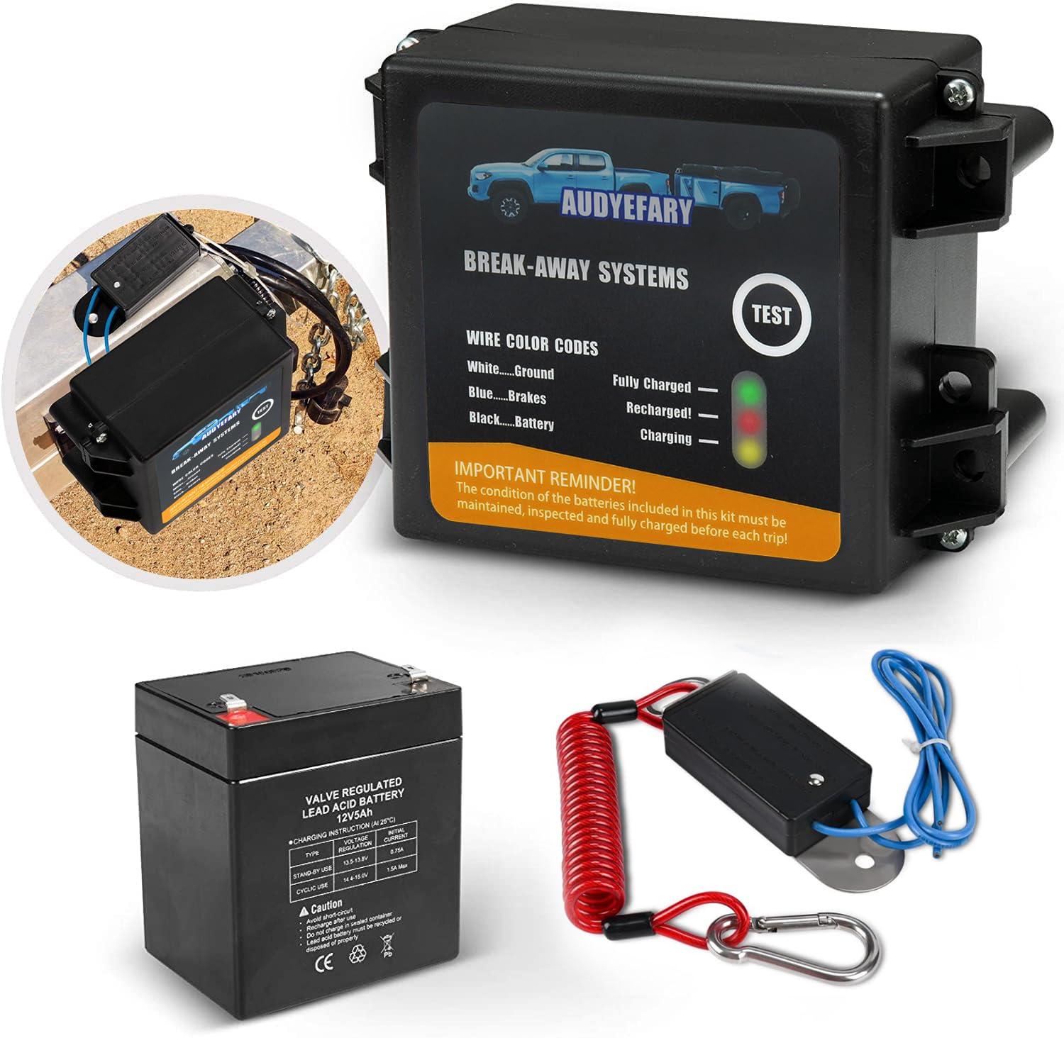 Anhänger Bremse Kit CINVEI Anhänger Bremsen Abreißkit mit Ladegerät, LED-Anzeige, Schalter, 12V 5AH Batterie für Anhänger Caravan, Wasserdichtes Gehäuse von CINVEI