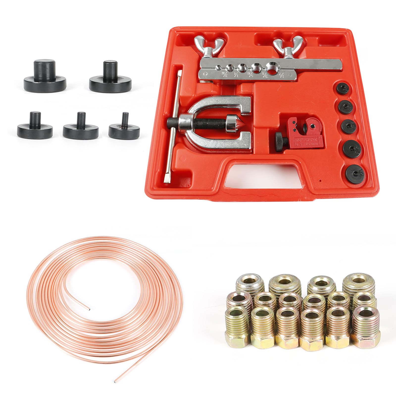 CISSIYOG Bremsleitung Bördelgerät, 3/16"&1/4''&5/16''&3/8''&1/2'' mit CT-127A Fräser, Bremsleitungs Set 7.62m & ø4.76mm mit 16 Muttern für Doppel Bördelwerkzeug Satz für Bördeln von CISSIYOG