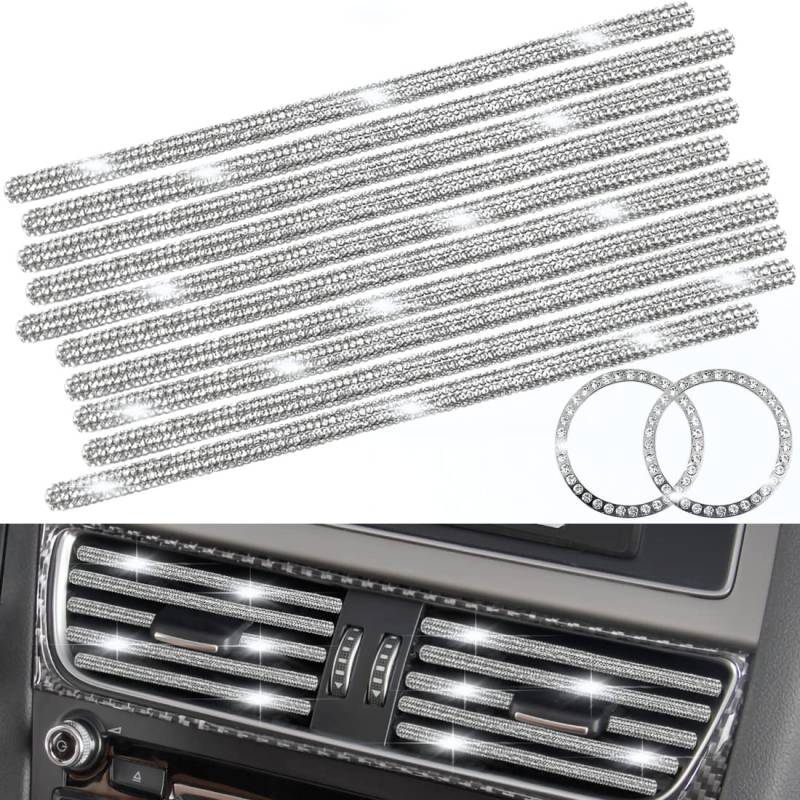 10 Stück Bling Car Vent Outlet Trim + 2 Stück Kristall Strass Ring Emblem Aufkleber Diamant Klimaanlage Dichtung Streifen Linie für alle geraden Lüftungsschlitze, Auto Innenraum Zubehör Dekoration von CKANDAY