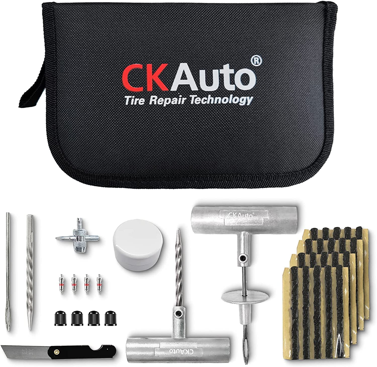 CKAuto Universal Tire Repair Kit, EIN schweres Auto-Notfallwerkzeug-Set für die Reparatur von Reifenpannen, 36-teiliger Wert-Pack, Reifenflicken-Kit für Autos, Motorräder, Lastwagen, Wohnmobile usw. von CKAuto