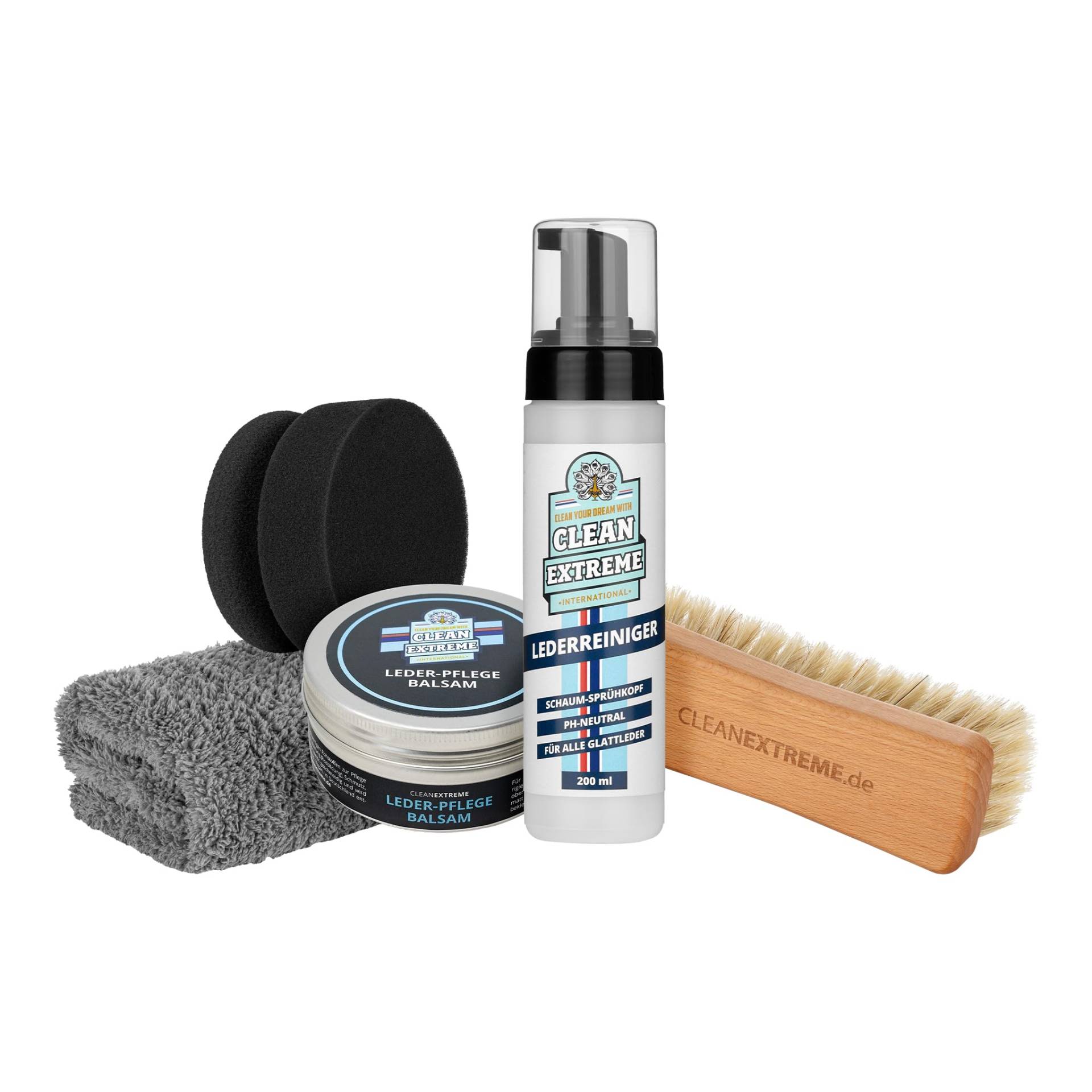 CLEANEXTREME Auto Lederpflege Set mit 200ml Lederreiniger, 180ml Lederpflege Balsam, Reinigungsbürste, Mikrofasertuch, Applikations-Schwamm | Reinigen & Pflegen von Leder Autositz Autoleder Ledersitz von CLEANEXTREME