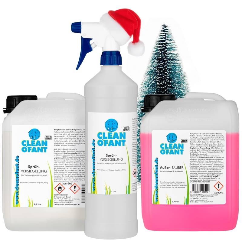 CLEANOFANT Außen Reiniger & Sprüh-Versiegelung Set | 2,3L Außen Reiniger + 1L Sprüh-Versiegelung Sprühflasche + 2,3L Sprüh-Versiegelung Nachfüllpack | Für Wohnwagen Wohnmobil Caravan von CLEANOFANT