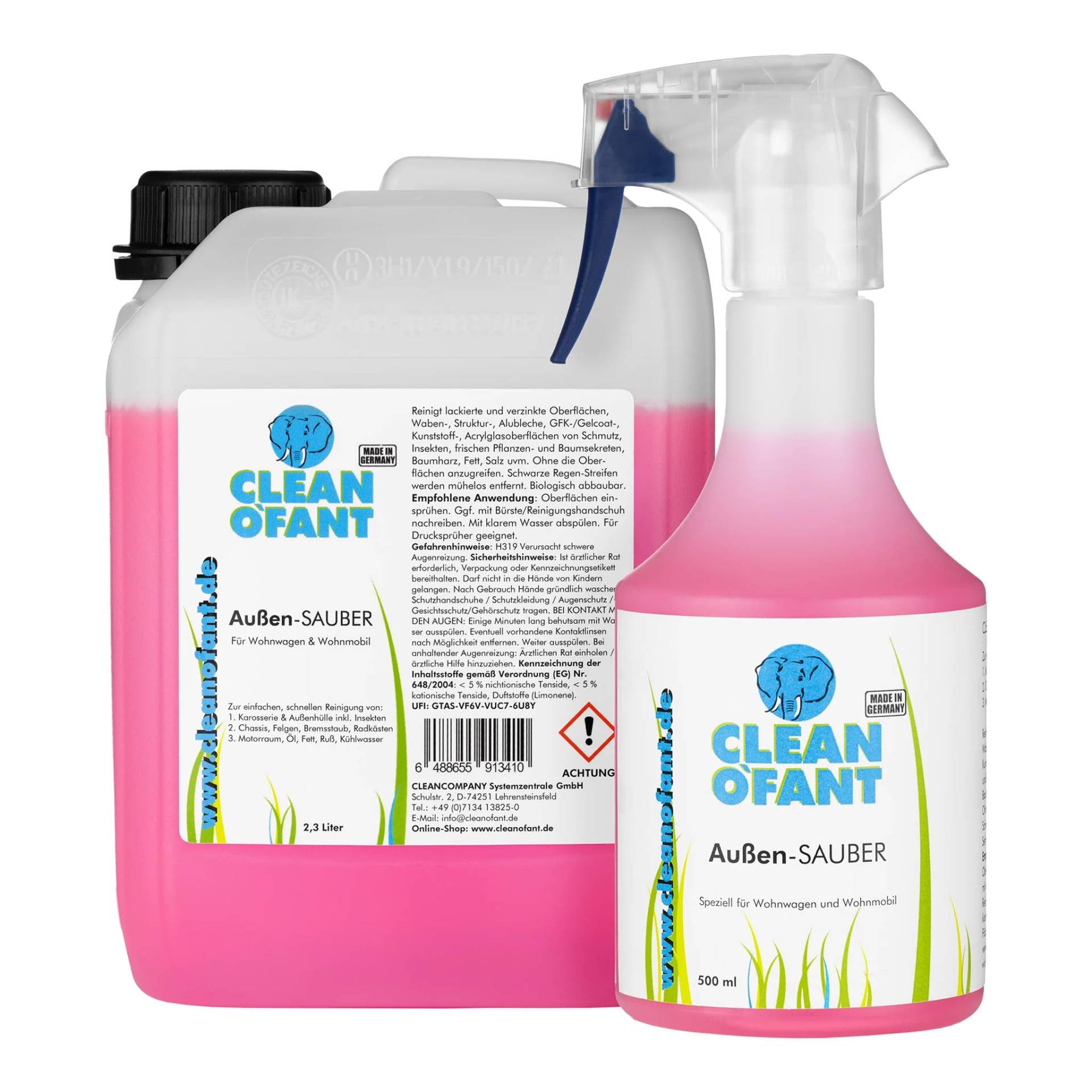 CLEANOFANT Außen-SAUBER | 500 ml + 2,3 Liter | Außen Reiniger für Wohnwagen Wohnmobil Caravan Vorzelt - das Shampoo vereint Außenreiniger, Insektenentferner, Felgen-Reiniger von CLEANOFANT