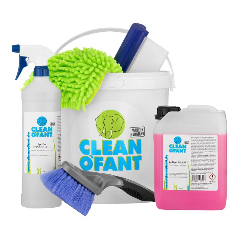 CLEANOFANT Reinigungs- & Versiegelungs-Set | Außen Reiniger + Sprüh-Versiegelung + Zubehör | Reinigungsset für Wohnwagen Wohnmobil Caravan von CLEANOFANT