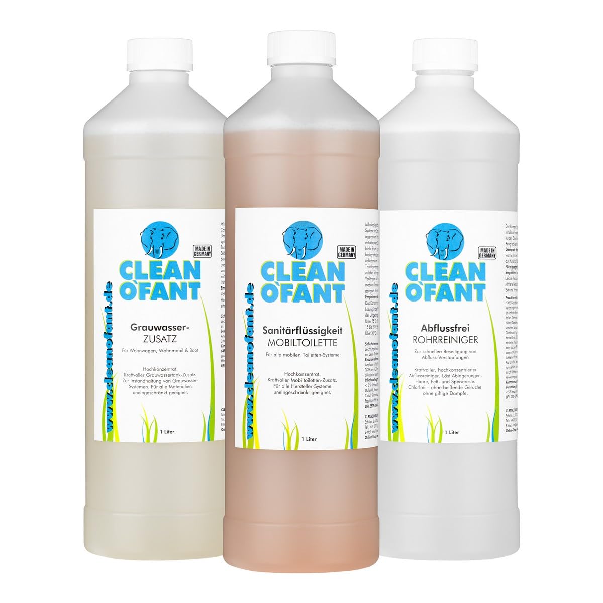 CLEANOFANT Set 1L Sanitärflüssigkeit für Campingtoilette + 1L Grauwassertank Zusatz + 1L Abflussreiniger Rohrreiniger von CLEANOFANT