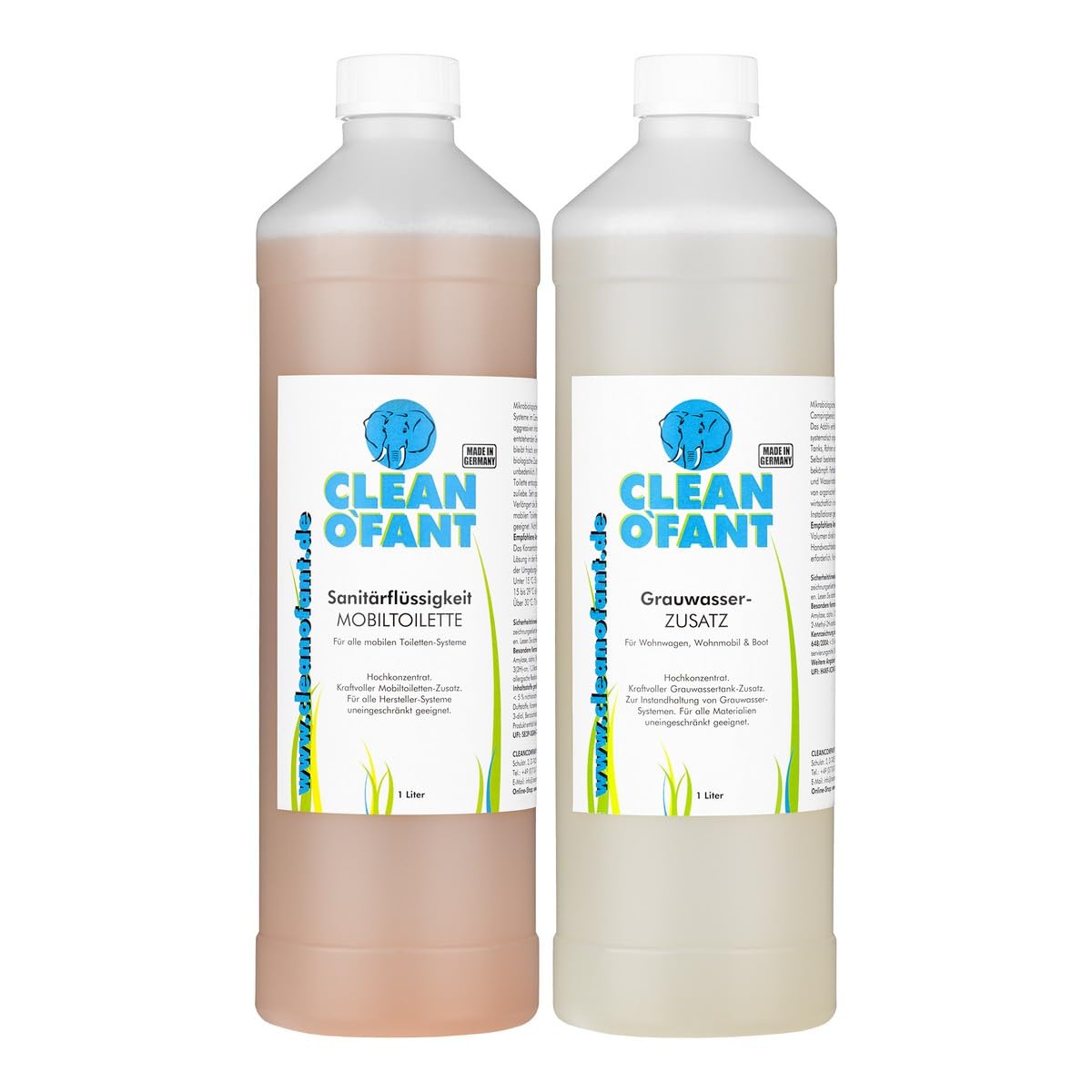 CLEANOFANT Set 1L Sanitärflüssigkeit für Campingtoilette + 1L Grauwassertank Zusatz - für Wohnwagen, Wohnmobil, Camping, Boot von CLEANOFANT