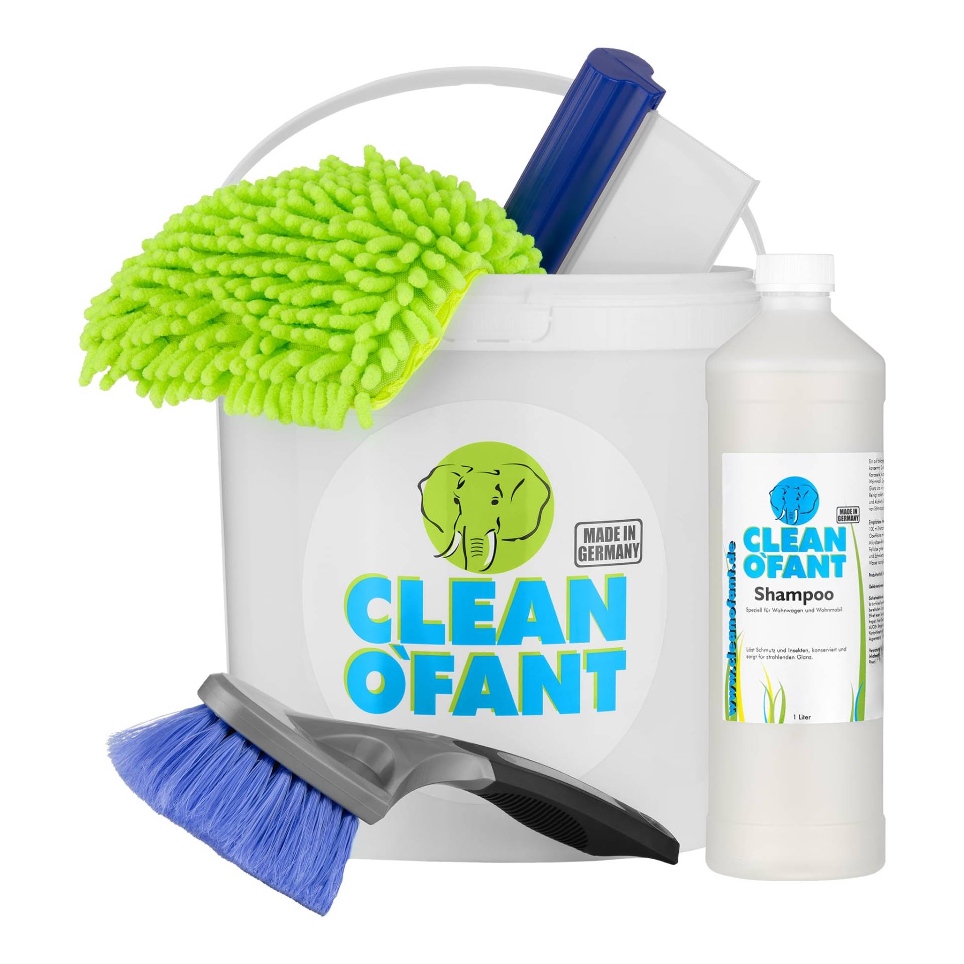 CLEANOFANT Shampoo mit Wachs | Reinigungsset | 1L Außen Reiniger Konzentrat im Set mit Zubehör für Wohnwagen Wohnmobil Caravan von CLEANOFANT