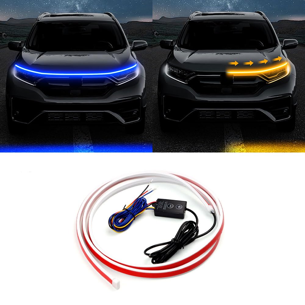 CLEEROUTION Universal LED Tagfahrlicht 150cm-200cm Schneidebare Flexible Waterproof Streifen Start Up Hoodbeam Kit Scan Starting Car Hood Light Strip Motorhaube Lichtstreifen 15V Blau & Gelb 180CM von CLEEROUTION