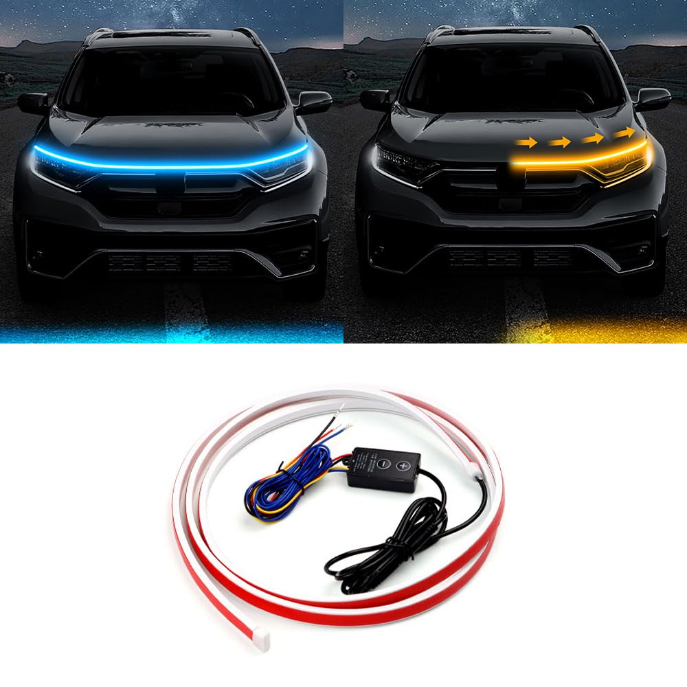 CLEEROUTION Universal LED Tagfahrlicht 150cm-200cm Schneidebare Flexible Waterproof Streifen Start Up Hoodbeam Kit Scan Starting Car Hood Light Strip Motorhaube Lichtstreifen 15V Hellblau & Gelb 150CM von CLEEROUTION