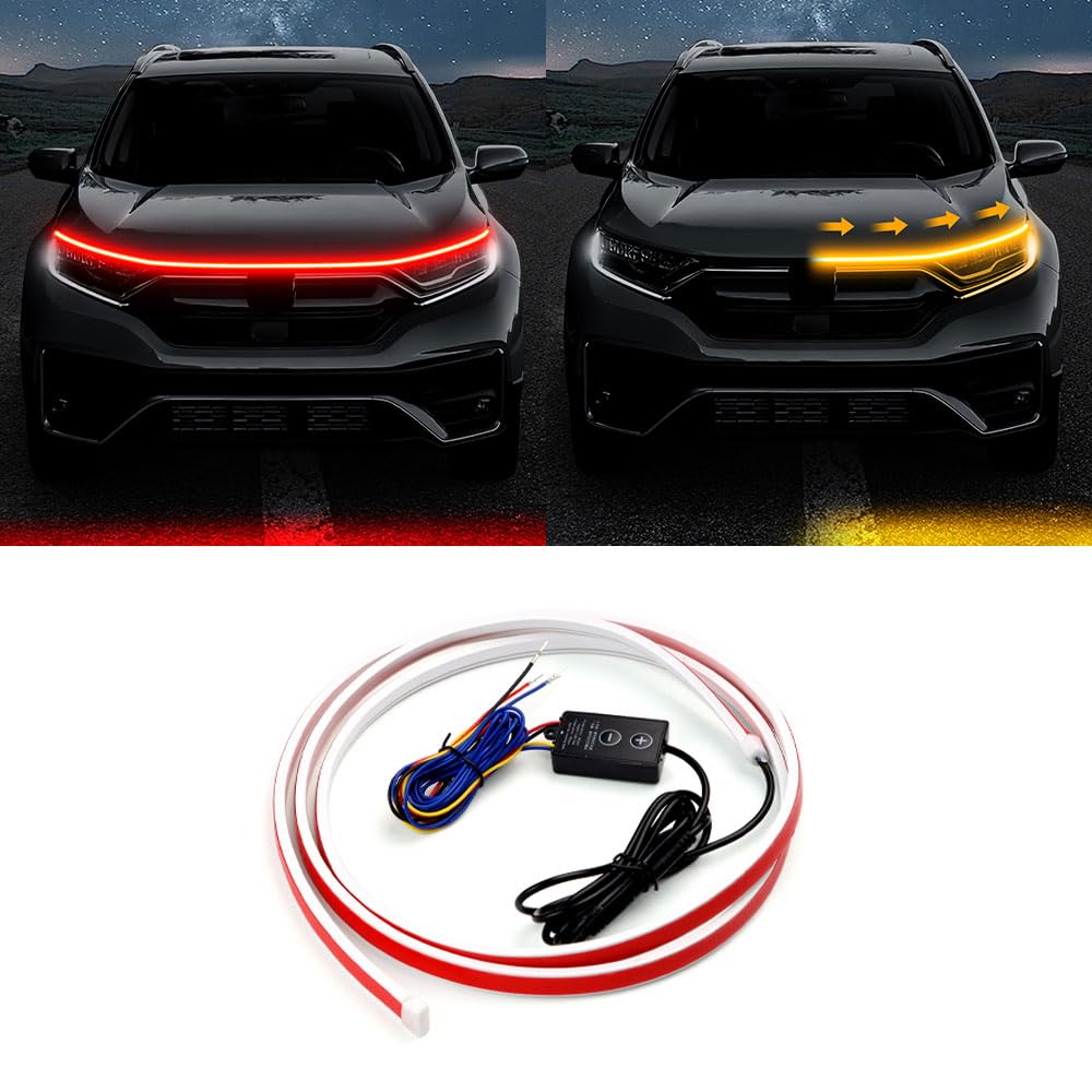 CLEEROUTION Universal LED Tagfahrlicht 150cm-200cm Schneidebare Flexible Waterproof Streifen Start Up Hoodbeam Kit Scan Starting Car Hood Light Strip Motorhaube Lichtstreifen 15V Rot&Gelb 150CM von CLEEROUTION