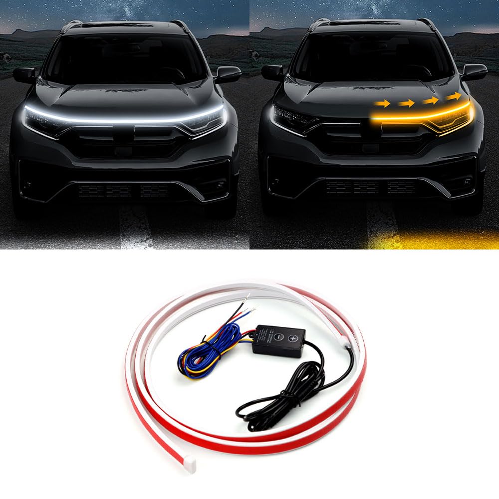 CLEEROUTION Universal LED Tagfahrlicht 150cm-200cm Schneidebare Flexible Waterproof Streifen Start Up Hoodbeam Kit Scan Starting Car Hood Light Strip Motorhaube Lichtstreifen 15V Weiß&Gelb 150CM von CLEEROUTION