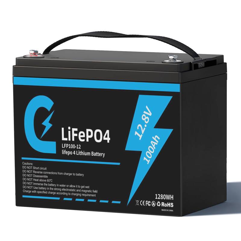 Lifepo4 Lithium-Akku 100Ah 12V mit 15.000 Tiefenladungszyklen und Batteriemanagementschutz, Lithium Batterie 12,8V 100Ah für mehr als 10 Jahre Geeignet für Wohnmobilen, Golfwagen (12.8V/100Ah) von CLUHERTVY