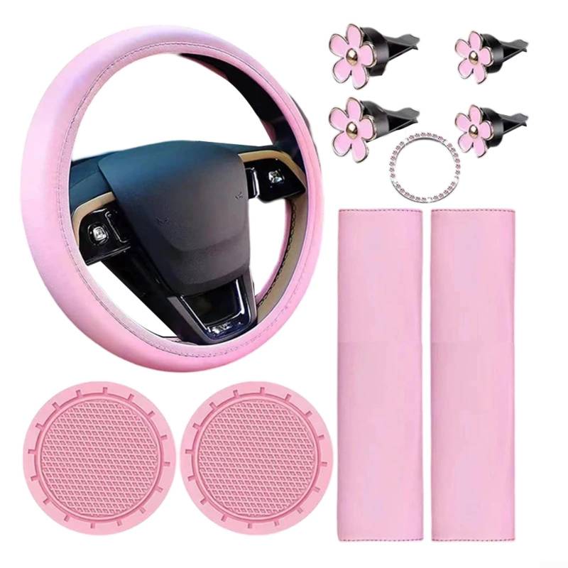 CNANRNANC 10-teiliges Lenkradbezug-Set, Leder-Auto-Zubehör-Set mit Lenkradbezug, Sicherheitsgurtbezügen, Getränkehaltern und eleganten Strass-Aufklebern (Rosa) von CNANRNANC