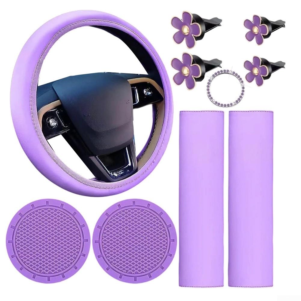 CNANRNANC Lenkradbezug, Sicherheitsgurtpolster, Getränkehalter, glitzernder Ring, Lüftungsclip, Auto-Zubehör-Set, Leder-Lenkradbezug für Damen, Violett, 10 Stück von CNANRNANC