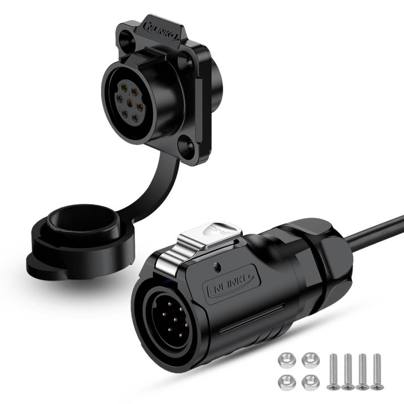 CNLINKO LP16 7-Polig Wasserdichter Stecker mit 1 Meter Kabel, IP68 Elektrischer Rundsteckverbinder für den Außenbereich Automotive Maschinen, Schnellanschluss M16 Stecker & Buchse (7 Polig) von CNLINKO