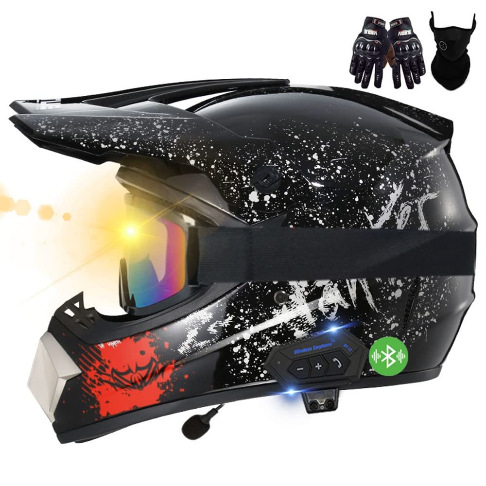 Bluetooth Motocross Helm, Mit Handschuhe Maske Brille, Unisex Motorradhelm Cross Helme, Sicher, Komfortabel Und Belüftet, ECE Genehmigt, Geeignet Für Motocross, MTB, Crossbike, BMX von CNNGU