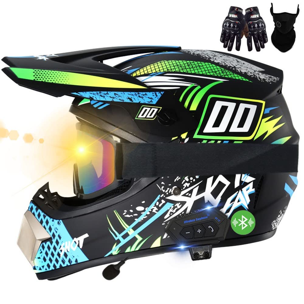 Bluetooth Motocross Helm, Mit Handschuhe Maske Brille, Unisex Motorradhelm Cross Helme, Sicher, Komfortabel Und Belüftet, ECE Genehmigt, Geeignet Für Motocross, MTB, Crossbike, BMX von CNNGU