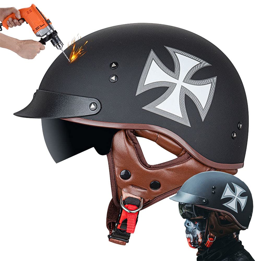 CNNGU Motorrad Helm,Retro Stil Motorradhelm,Halbhelm,DOT/ECE-Zertifizierung, Mit Sonnenbrille, Geeignet Für Den Einsatz In Vier Jahreszeiten, ABS-Helmkörper, Herausnehmbares Innenfutter, M(55~57cm) von CNNGU