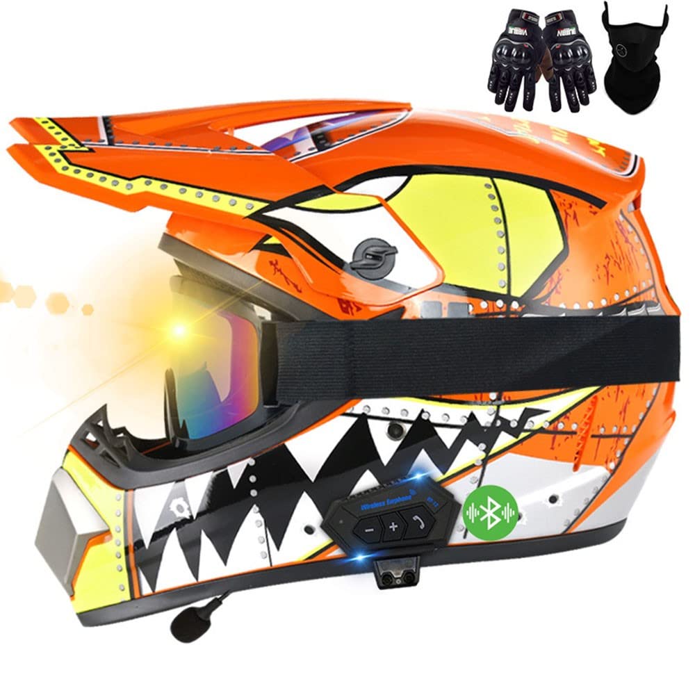 Motorrad Bluetooth Crosshelm Set, ECE Genehmigt, Motocross Helm, Sicher, Komfortabel Und Belüftet, Mit Handschuhe Maske Brille, Geeignet Für Motocross, MTB, Crossbike, BMX von CNNGU