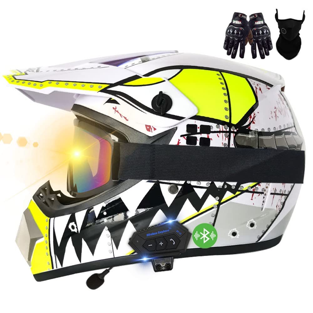 Motorrad Bluetooth Crosshelm Set, ECE Genehmigt, Motocross Helm, Sicher, Komfortabel Und Belüftet, Mit Handschuhe Maske Brille, Geeignet Für Motocross, MTB, Crossbike, BMX von CNNGU