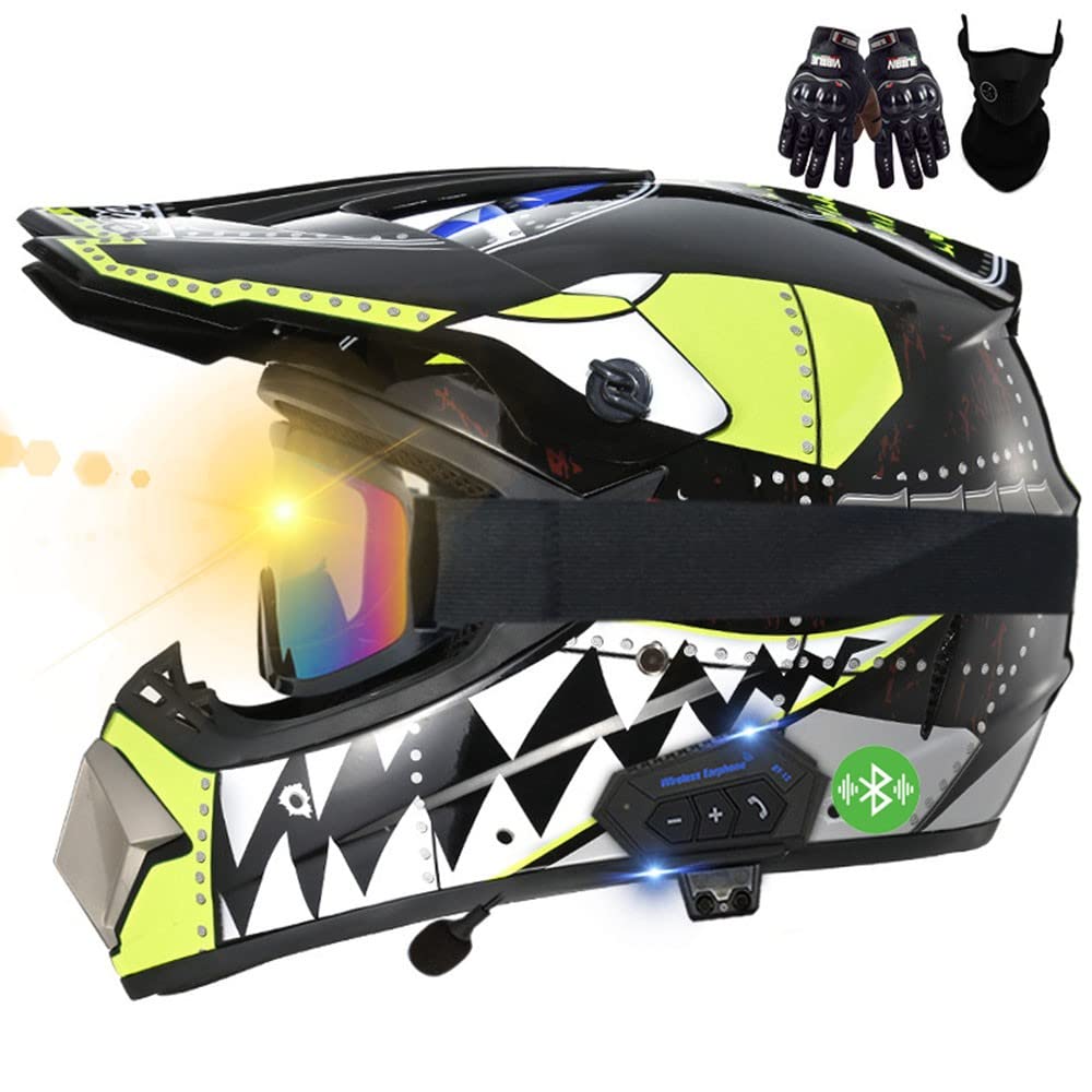 Motorrad Bluetooth Crosshelm Set, ECE Genehmigt, Motocross Helm, Sicher, Komfortabel Und Belüftet, Mit Handschuhe Maske Brille, Geeignet Für Motocross, MTB, Crossbike, BMX von CNNGU