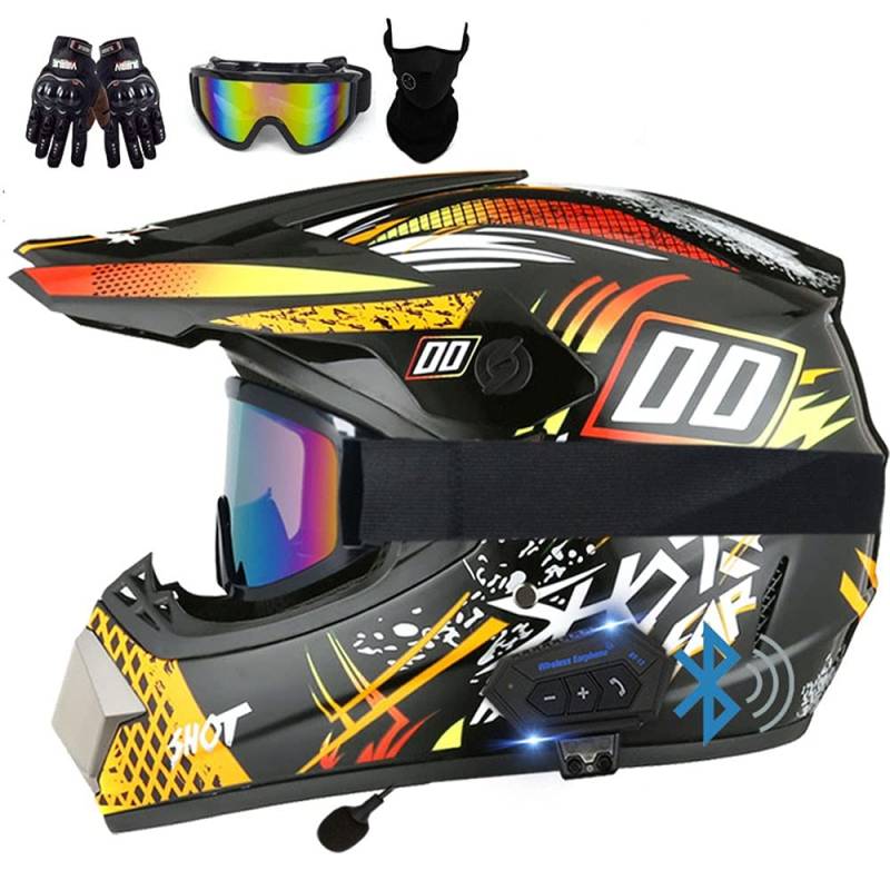 Motorrad Crosshelm Set, Motorradhelm, Motocross Helm, ECE Genehmigt, Mit Bluetooth Handschuhe Maske Brille, ABS-Material, Weichem Und Bequemem Futter, Belüftet Und Atmungsaktiv von CNNGU