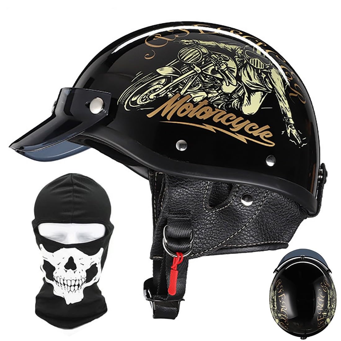 Motorrad Halbhelm Mit Gesichtsschutz, Deutscher Stil Retro Helm Für Männer Und Frauen, Moped Roller Halbhelm Für Erwachsene, ECE Genehmigter Vintage Motorrad Halbschalenhelm von CNNGU