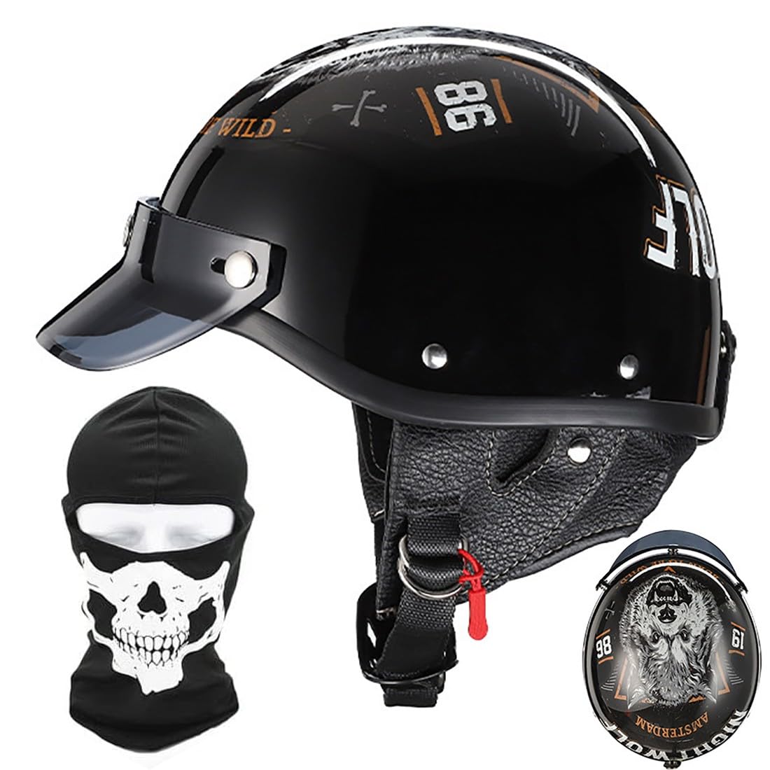 Motorrad Halbhelm Mit Gesichtsschutz, Deutscher Stil Retro Helm Für Männer Und Frauen, Moped Roller Halbhelm Für Erwachsene, ECE Genehmigter Vintage Motorrad Halbschalenhelm von CNNGU