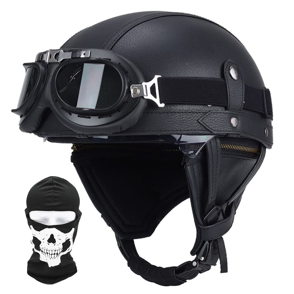 Motorradhelm Motorrad Half Helm, Retro Halbhelm, ECE-Zertifizierung, Eingebaute Sonnenbrille, Mit Balaclava-Gesichtsmaske, ABS-Material, Abnehmbarer Ohrenschutz, Mit Brille von CNNGU