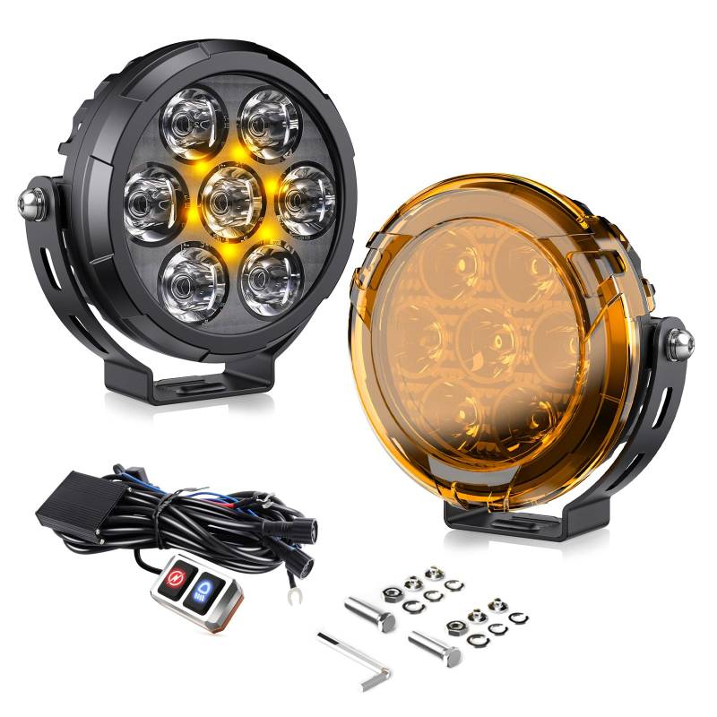 2 Stück Motorrad LED Nebelscheinwerfer, 60W Amber/Weiß Zweifarbige Zusatzscheinwerfer IP68 Wasserdicht Rückfahrscheinwerfer Offroad Arbeitsleuchte mit Kabelbaum Universell kompatibel für Motorrad Auto von CO LIGHT