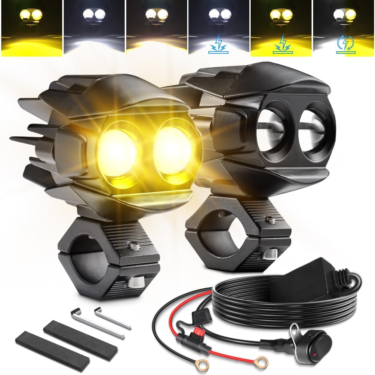 CO LIGHT Motorrad Nebelscheinwerfer 60W 18000LM 5 Modi Stroboskop LED Fahrstrahler Zusatzscheinwerfer mit Amber White Dual Color Offroad Aux Light Plug and Play von CO LIGHT