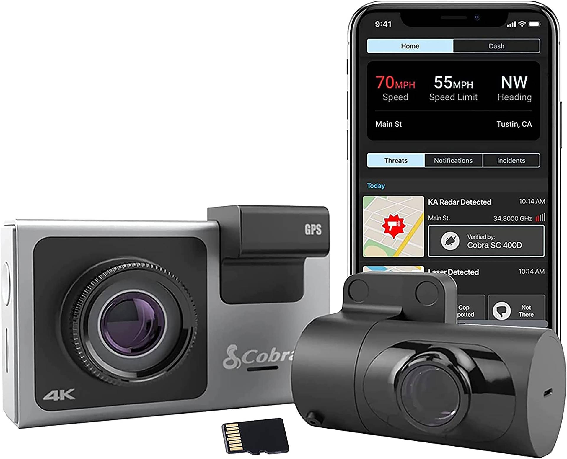 Cobra Smart Dashcam Autokamera + Rückfahrkamera SC400D UHD 4K Videoauflösung, 32 GB MicroSD-Karte, 3 Ansichten, GPS & WiFi, Alexa integriert, SOS-Alarm und Unfallberichte, App Drive Smarter von COBRA