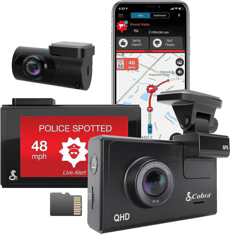 Cobra Smart Dashcam Autokamera + hinten Kamera QHD+ Video 1600P Auflösung, Sprachsteuerung, integriertes WiFi & GPS, 16GB SD Karte, 3" Display, gemeinsame Alarme, Notfall MayDay, Drive Smarter App von COBRA