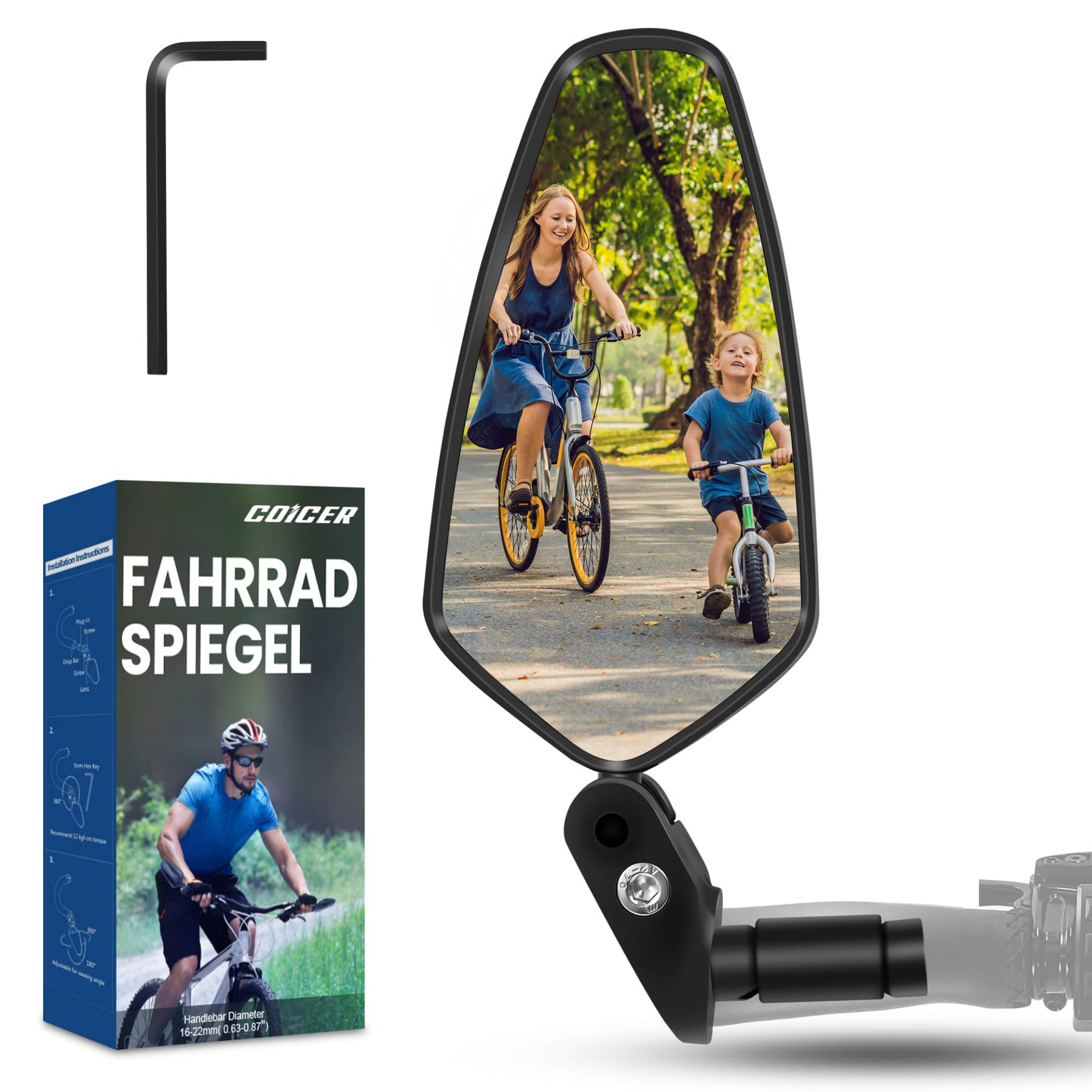 COICER Fahrradspiegel extra große Spiegelfläche |schlagfestes Echtglas| für Lenker ebike | Rückspiegel Fahrrad Spiegel für e-bike, klappbar (Links und rechts universell einsetzbar) von COICER