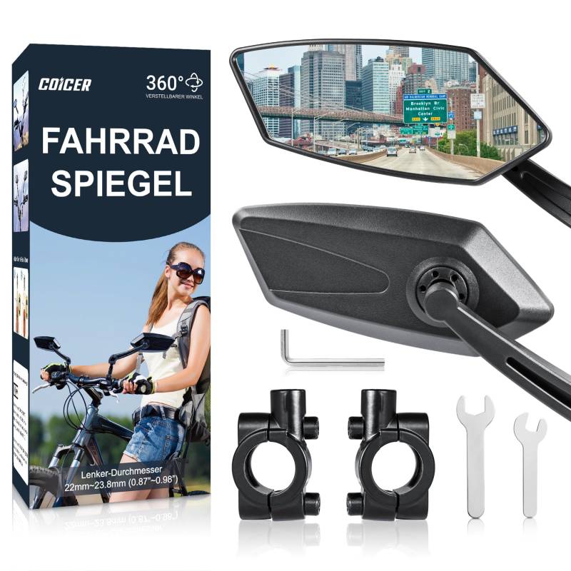 Coicer - Fahrradspiegel extra große Spiegelfläche |schlagfestes Echtglas| Fahrradspiegel für Lenker ebike | Rückspiegel Fahrrad Spiegel für e-bike Mirror Fahrradrückspiegel klappbar (links + rechts) von COICER