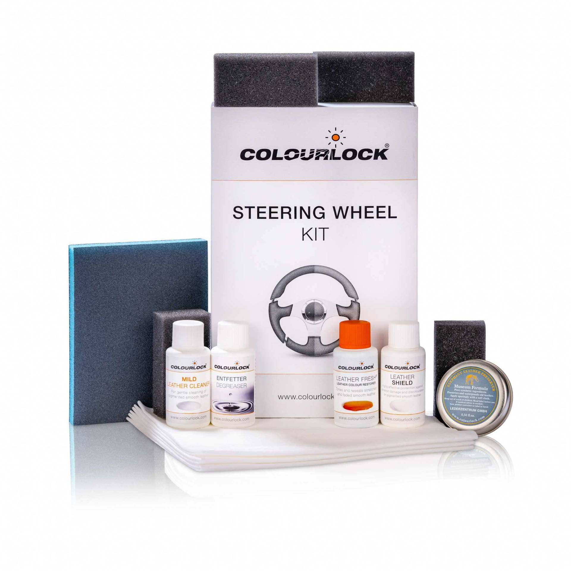 COLOURLOCK Leder-Lenkrad-Farbauffrischer, Reparatur-Set für beschädigte Auto-Lenkräder mit Reinigungsspiritus und Lederreiniger, schwarzes Leder-Färbemittel & Applikationswerkzeuge von Colourlock