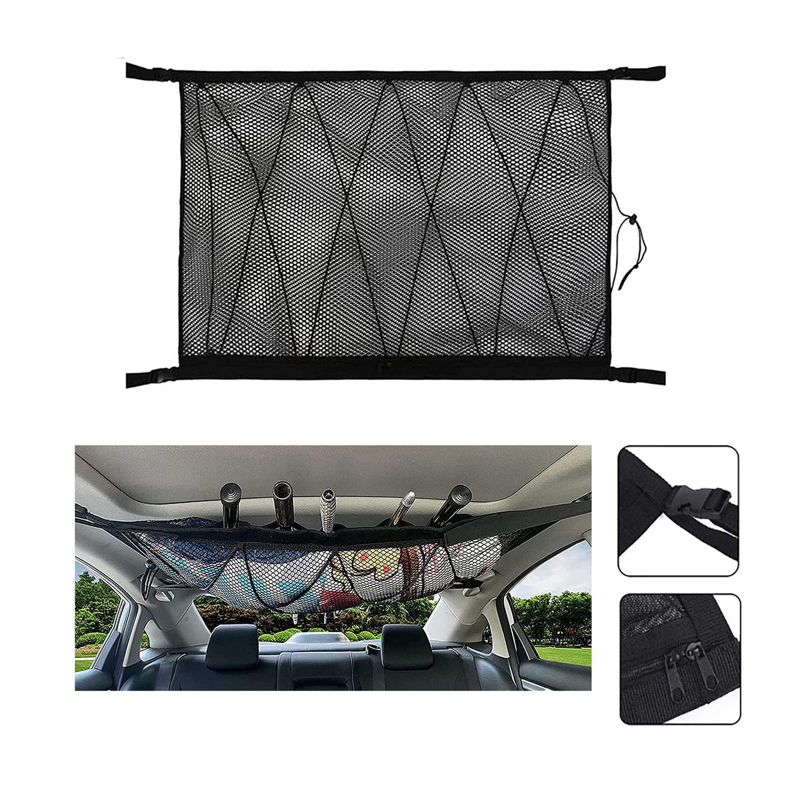 COMBLU Car Ceiling Storage Net Tasche,Universal Autodach Interieur Cargo Net Bag Mit Nylonbändern, Car Trunk Storage Organizer Kleinigkeiten Aufbewahrungstasche Für Jeep Van SUV von COMBLU