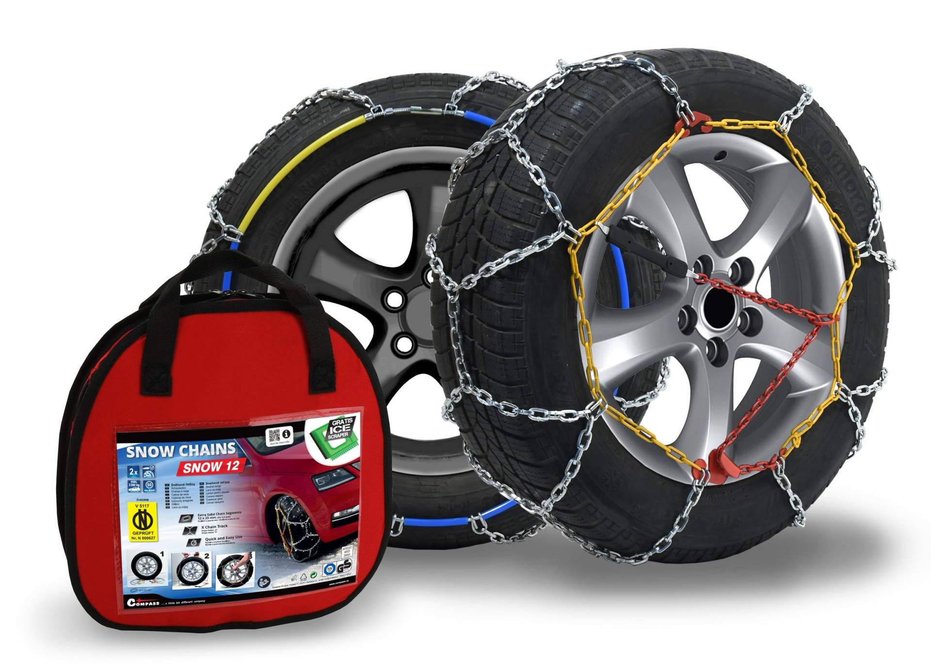 COMPASS Schneeketten Snow 12mm für Reifen 245/45 R19 ÖNORM, TÜV geprüft (140) 1 Paar, Extra Stark von COMPASS