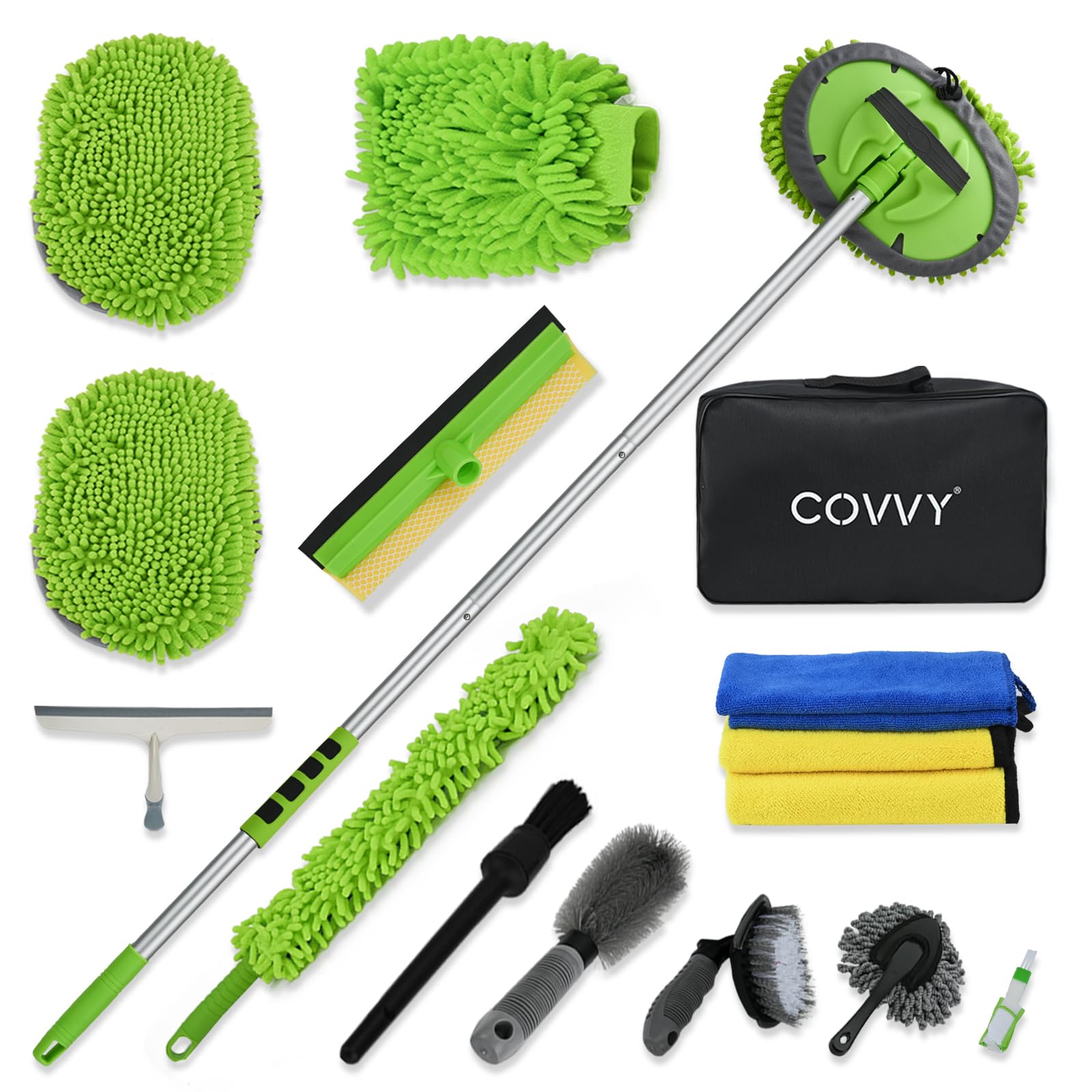 COVVY 15 PCS Auto-Reinigungsset mit Aufbewahrungstasche,62 Zoll Waschbürste mit Teleskopstiel,Felgenbürste,Mikrofasertücher,Waschhandschuh,Auto Reinigung Set für Motor Auto Trucks von COVVY