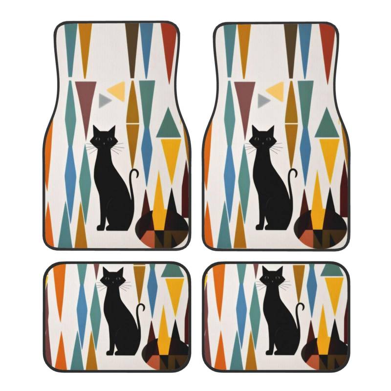 Mid-Century Moderne Kunst Katze Universal Auto Fußmatten Kristall Samt 4-teiliges Set, rutschfest und leicht zu reinigen, passend für SUV, LKW, Fahrzeug von COWMMWOC