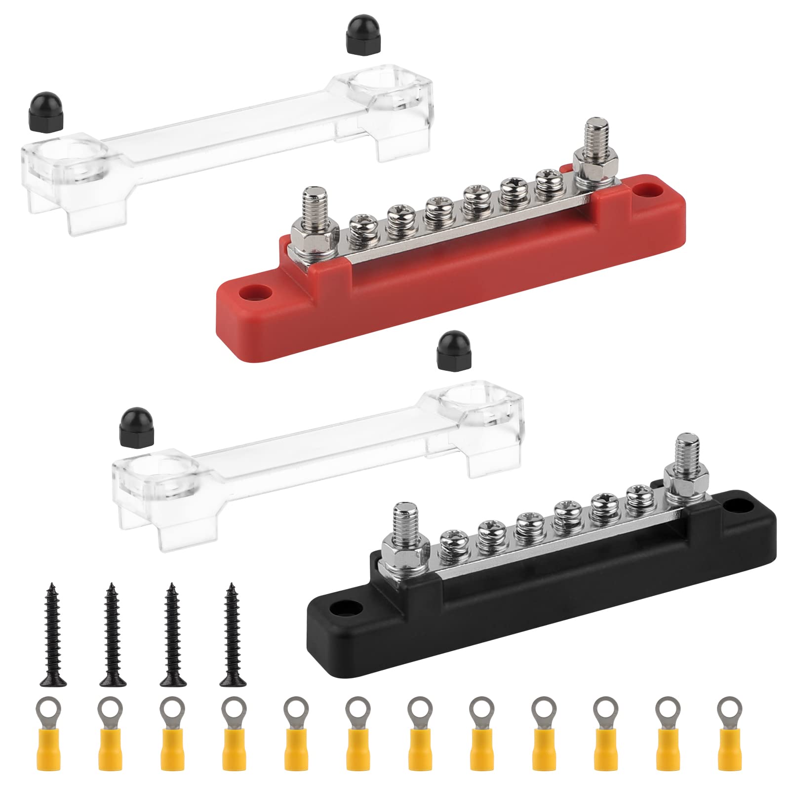 CPROSP 2tlg Sammelshienen mit Deckel 150A, Stromverteiler Schiene mit 6x M4 Bolzen Anschluss und 2x Schrauben, BusBar Box für Auto RV Boat Yacht, Sammelschienenblock Schwarz/Rot von CPROSP