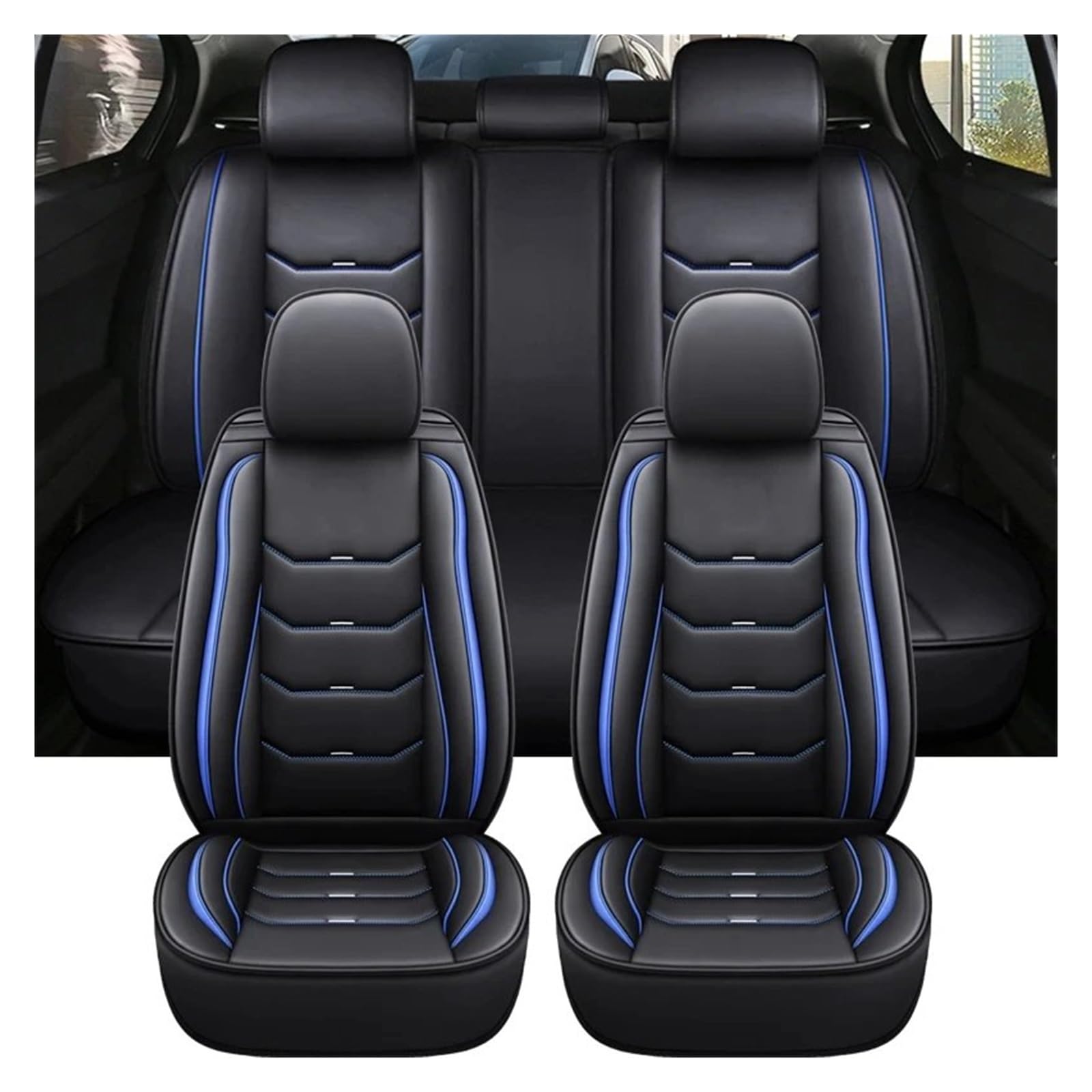 Autositzbezüge Für Captur Für Logan Für Kadjar Für Trafic Für Scenic Armlehne Alle Modelle Universal Leder Auto Sitzbezug Auto-Schonbezüge(Black Blue) von CQRBNE