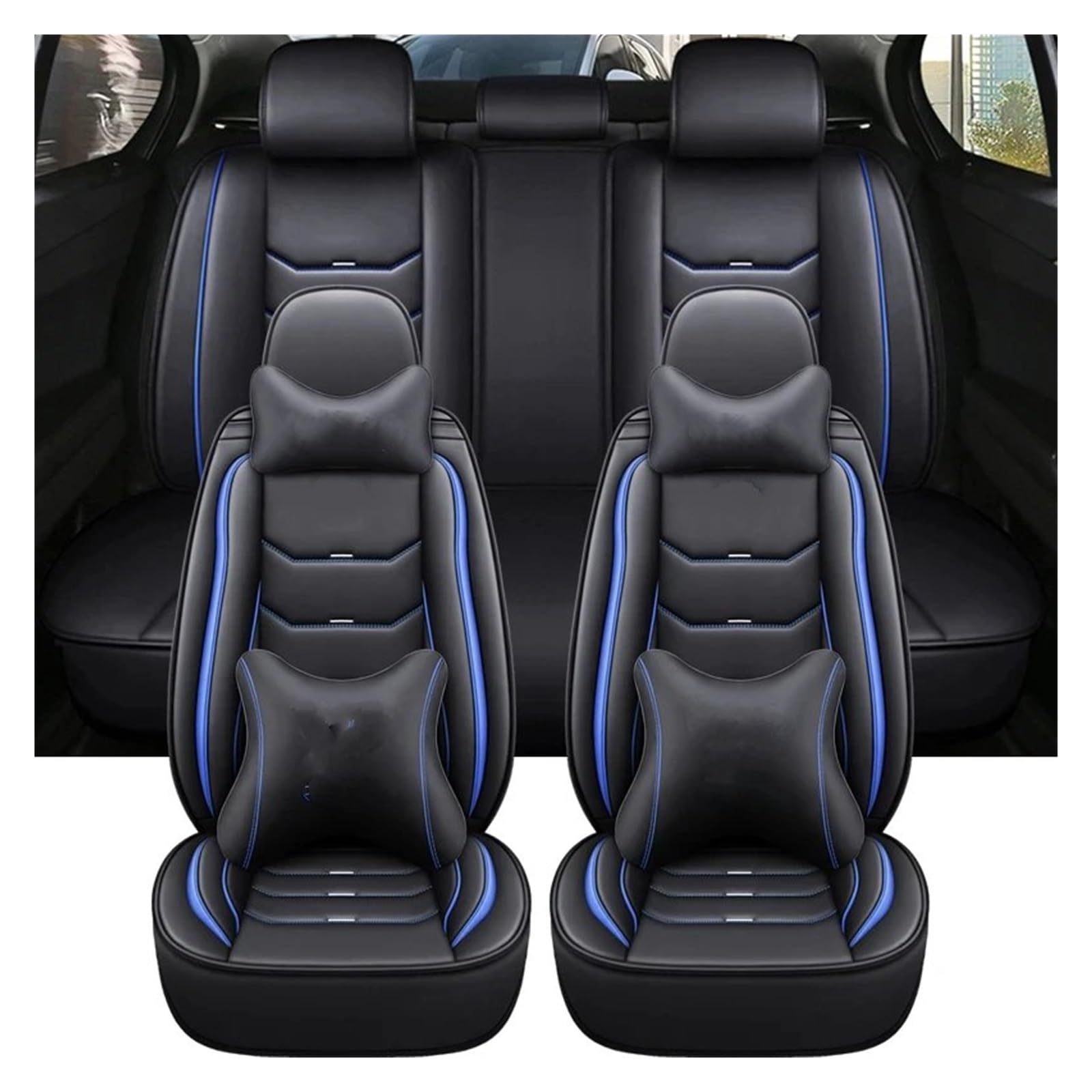 Autositzbezüge Für Captur Für Logan Für Kadjar Für Trafic Für Scenic Armlehne Alle Modelle Universal Leder Auto Sitzbezug Auto-Schonbezüge(Black Blue Pillow) von CQRBNE