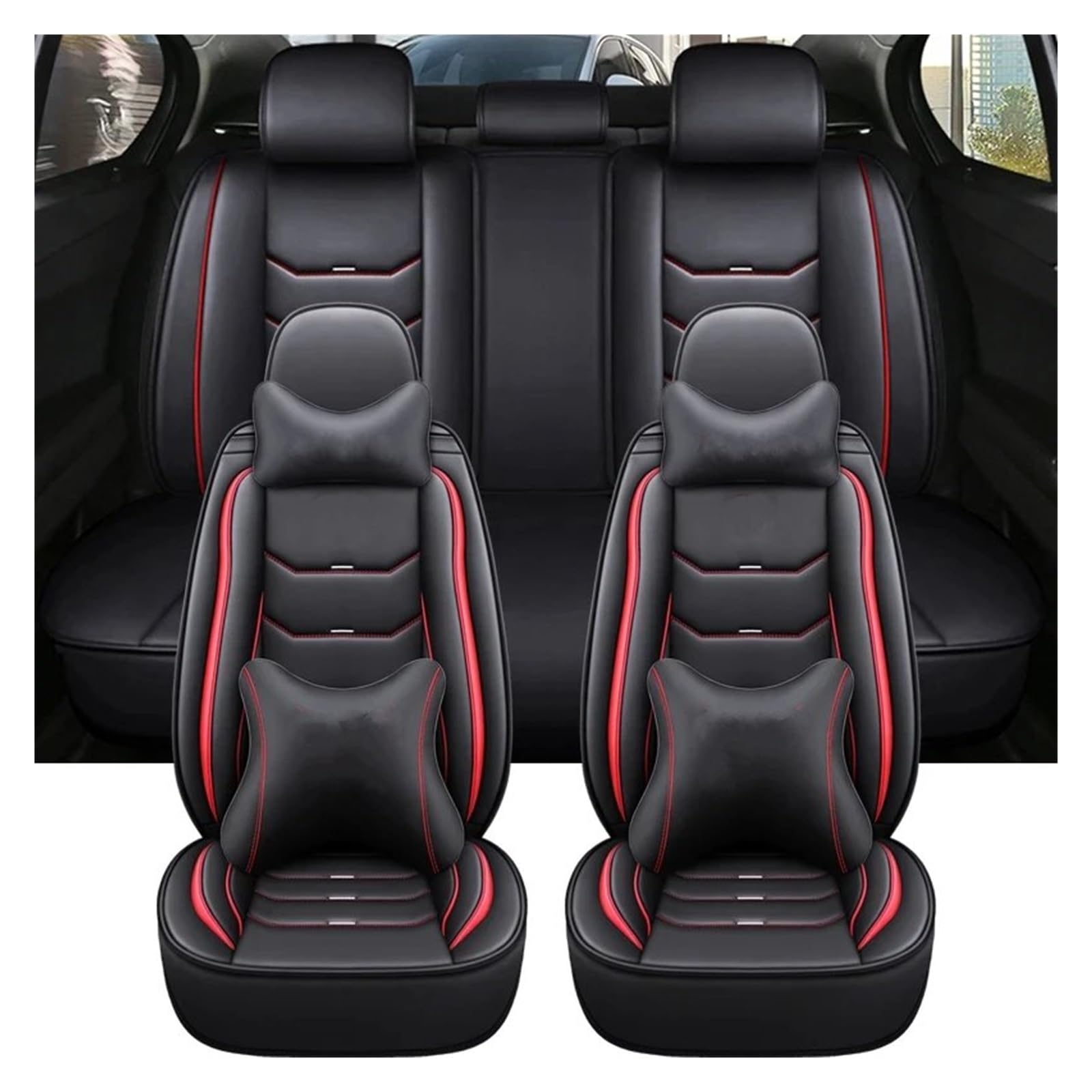 Autositzbezüge Für Captur Für Logan Für Kadjar Für Trafic Für Scenic Armlehne Alle Modelle Universal Leder Auto Sitzbezug Auto-Schonbezüge(Black red Pillow) von CQRBNE